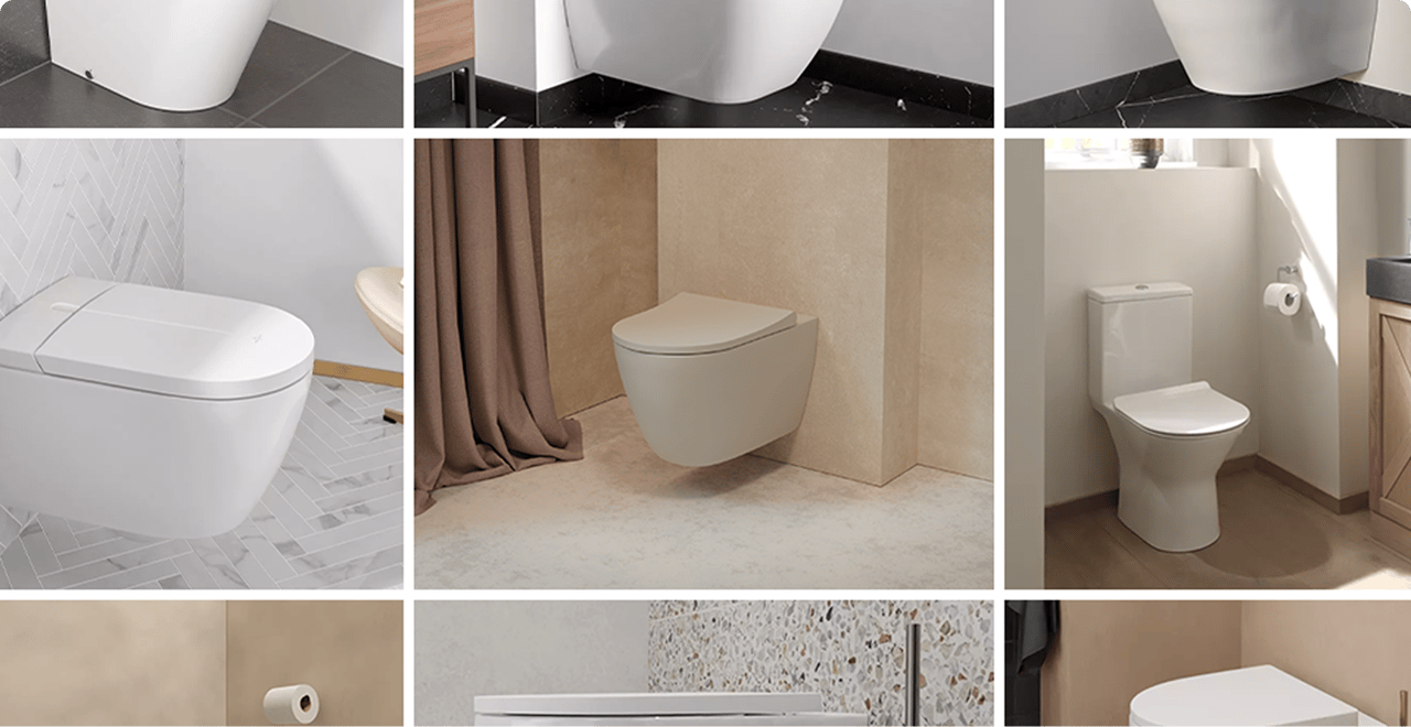 Collage met negen toiletten in verschillende kleuren en vormen, van hangend tot staand. Toonbeeld van het ruime aanbod bij x²o badkamers.